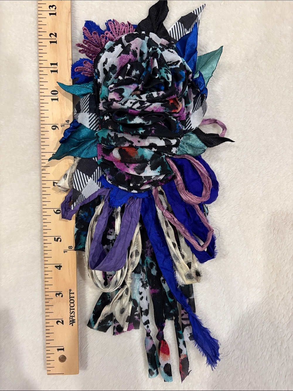 Multicolor Fabric Floral Statement Brooch Pin - Blue, Purple, Teal